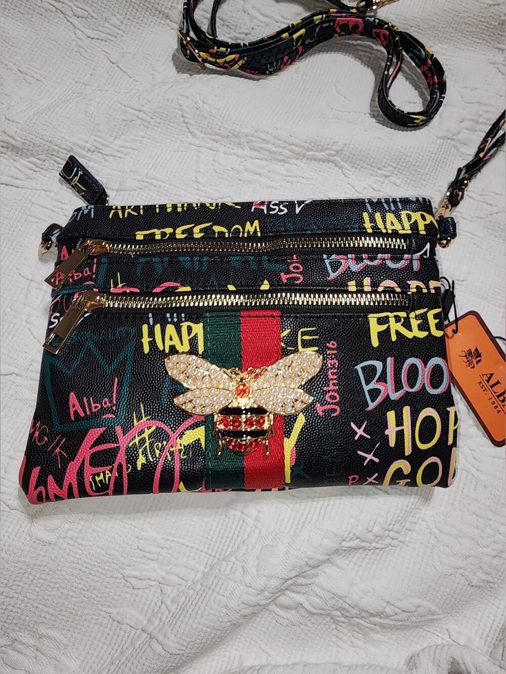 Alba Black & Multi Color Graffiti Bee Faux Leather Clutch Crossbody / Wristlet - Picture 8 of 8